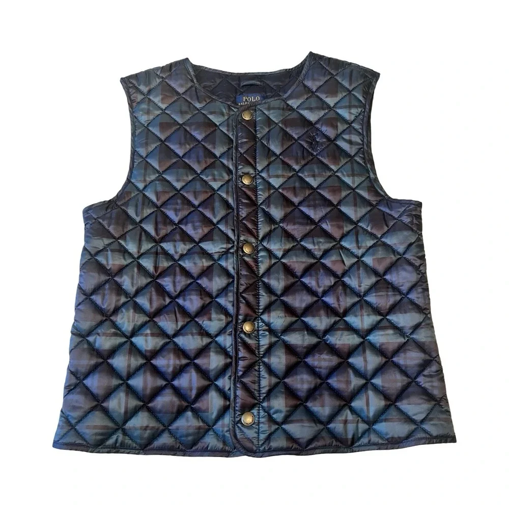 Polo Ralph Lauren Girls Size 12 Diamond Quilted Green Blue Tartan Plaid Vest